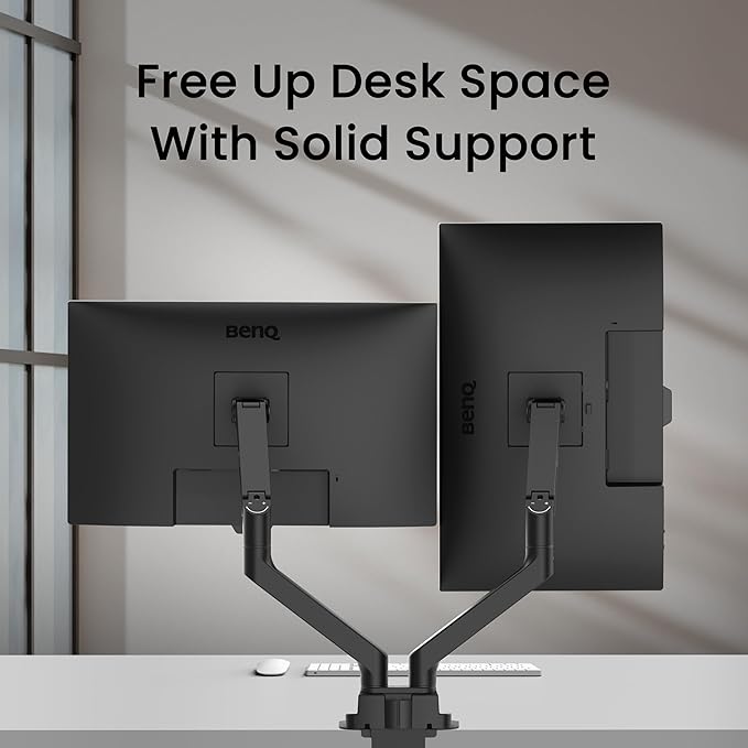 BenQ BDH01 Dual Monitor Arm -Gas Spring Monitor Stand for 2 Screens Up to 35'' & 44lbs, Heavy Duty, Quick Installation, No Sagging, Top Clamp and Grommet Base, Reinforcement Plate, VESA 75x75 &100x100