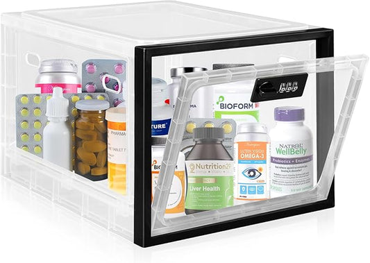Medicine Lock Box for Safe Medication, Premium Material Lockable Storage Box Locking Organizer Bin with Combination Code for Fridge Food/Snacks/Phone/Tablet Jail/Home/Office Storage Lockers