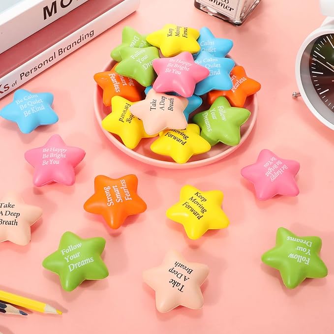 36 Pcs Motivational Stress Balls Quotes Inspirational Funny Colorful Foam Balls Hand Exercise Stress Relief Gifts for Office Small Anxiety Toys for Relief Motivating Supply (Star)