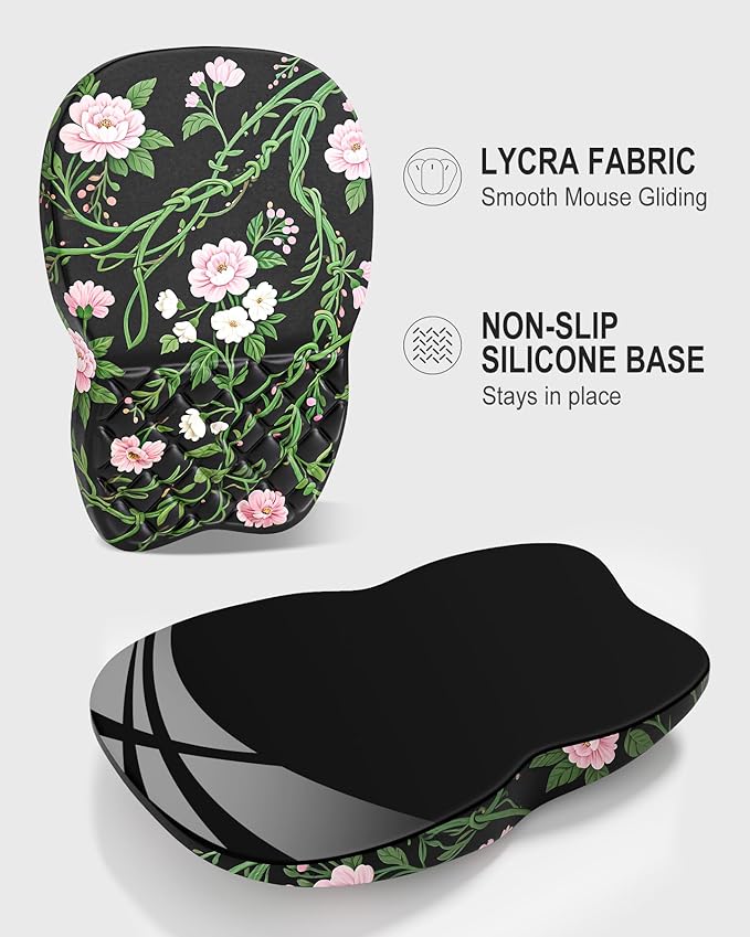 Auhoahsil Ergonomic Mouse Pad with Wrist Rest, Comfortable Slope Computer Mouse Mat with Wrist Support, Memory Foam Filling, Non-Slip Silicone Base, Pain Relief for Gaming Work, 8" x 12", Black Vines