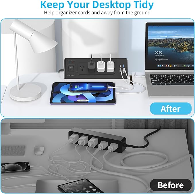 Desk Clamp Power Strip with USB C, Desk Charging Station with 4 Outlets 4 USB Ports, Desktop Mounted Power Strip Surge Protector, 6.5ft Flat Plug Extension Cord, Fit 1.9 inch Tabletop Edge, Black