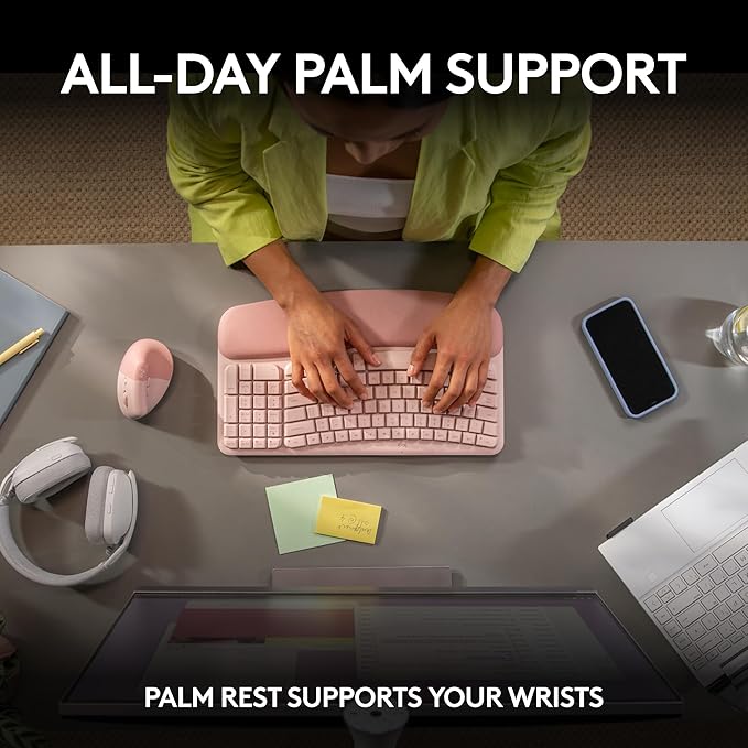 Logitech Wave Keys Wireless Ergonomic Keyboard with Cushioned Palm Rest, Comfortable Natural Typing, Easy-Switch, Bluetooth, Logi Bolt Receiver, for Multi-OS, Windows/Mac - Rose