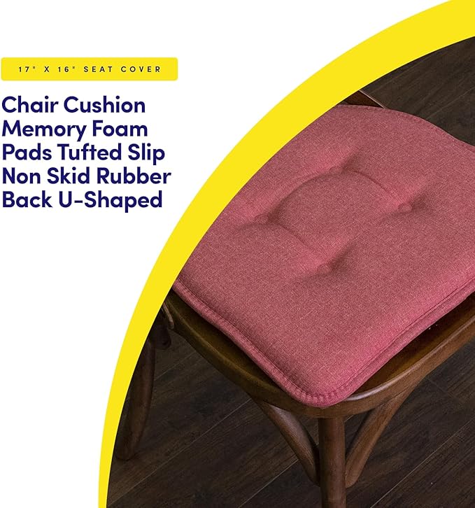 Sweet Home Collection Chair Cushion Memory Foam Pads Tufted Slip Non Skid Rubber Back U-Shaped 17" x 16" Seat Cover, 4 Count (Pack of 1), Peach