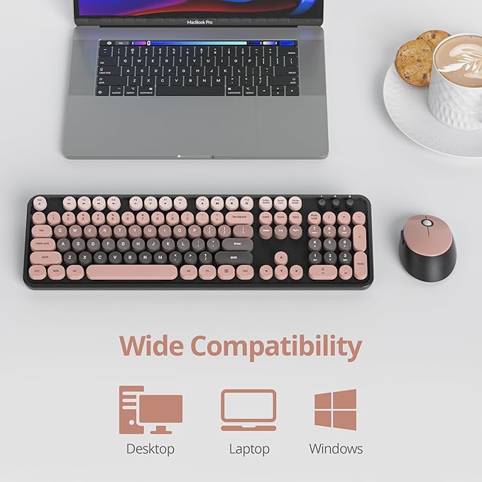 Guffercty kred Colorful Plum Wireless Keyboard and Mouse Combo, Retro Typewriter Wireless Full-Size Cute Office Keyboard 2.4GHz with Round Keycaps for Desktop Laptop and PC (Dark Plum)