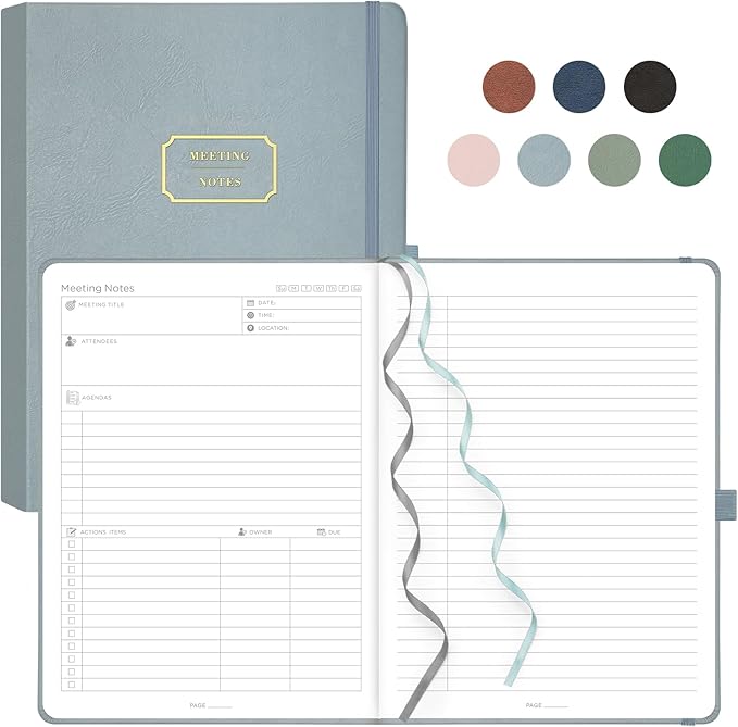 EMSHOI Meeting Notebook for Work with Action Items - 320 Pages B5 Thick Project Planner Agenda Organizer Work Notebook for Women Men Office Business, PU Leather Hardcover, 7.5" x 10", Gray Blue