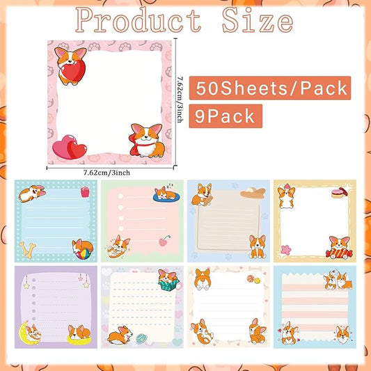 Corgi Sticky Notes Gifts - 9Pack Cute Sticky Notes 3x3 Cartoon Corgi Gifts for Corgi Lovers Corgi Notepads Funny Dog Post Pads for Women Office School Supplies 450 Sheets