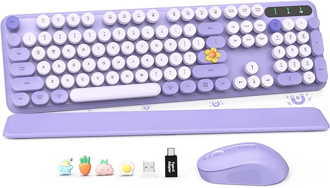 Wireless Keyboard and Mouse Combo, Cute Round Keycaps, Full-Size Retro Typewriter Keyboard with Detachable Wrist Rest, 2.4GHz Cordless Connection for Mac/Windows/PC/Laptop (Purple-Colorful)