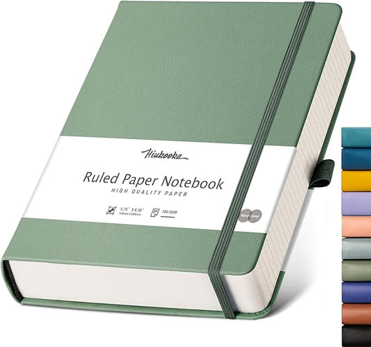 HIUKOOKA College Ruled Notebooks for work, A5 Lined Notebook Leather Journal, 320 Pages Thick Notebook Journals for Writing Diary Office School Students, 5.75'' X 8.38'' - Green
