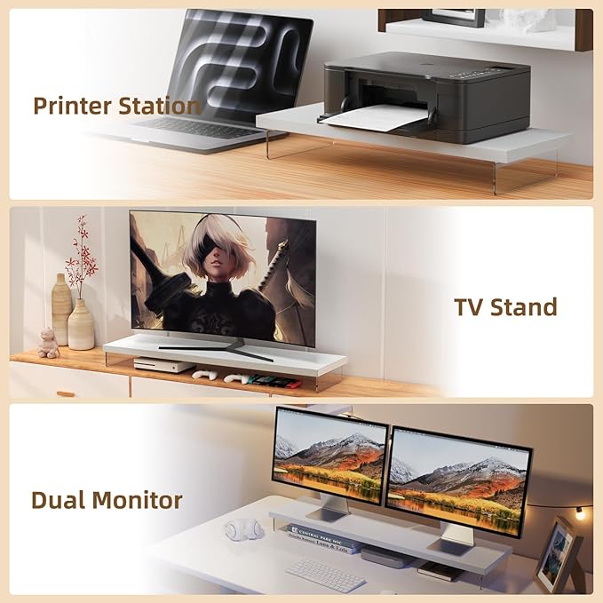 Monitor Stand Riser, Wood & Acrylic Computer Monitor Stand Desk Desktop Organizer Table for Home, Office Workspace, Laptop Riser, Printer, PC & TV Screen Riser