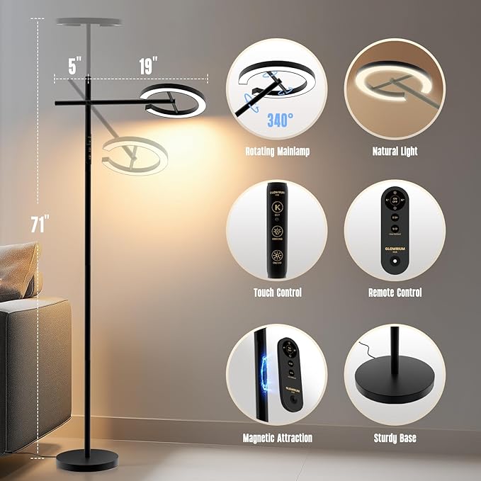 GLOWRIUM-H1B Light Therapy Lamp 12000 Lux, LED UV-Free Sun Lamp, Full Spectrum Happy Natural Mood Therapy Light, Stepless Dimmable Modern Sunlight Floor Light with Remote and Timer