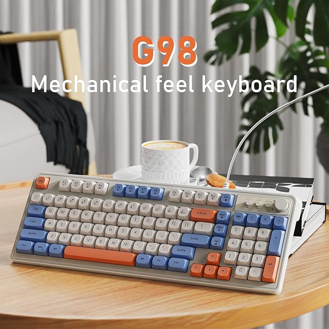 EWEADN G98 RGB Gaming Keyboard Wired, Retro Creamy Membrane Keyboards with Media Knob, Number Pad RGB Backlit, 98 Keys Quite Membrane Computer Keyboard for MAC Xbox PC Gamer -White&Blue