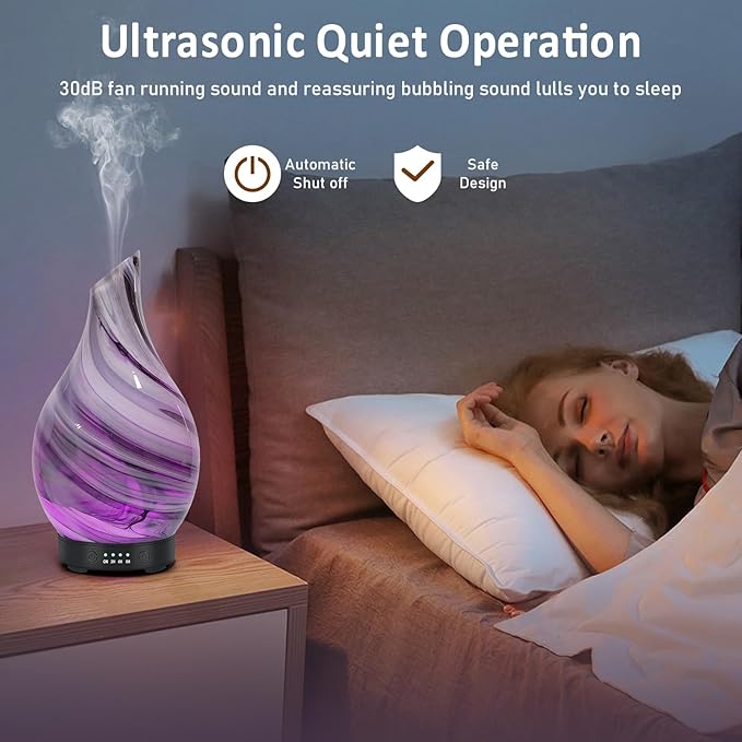 Essential Oil Diffuser Aroma Diffuser- 200 ml Art Glass Ultrasonic Cool Mist Oil Diffuser for Aromatherapy Waterless Auto-Off & 7 Colors Changed LED Light for Home Office Decor & Gift (Grey-200 ml)
