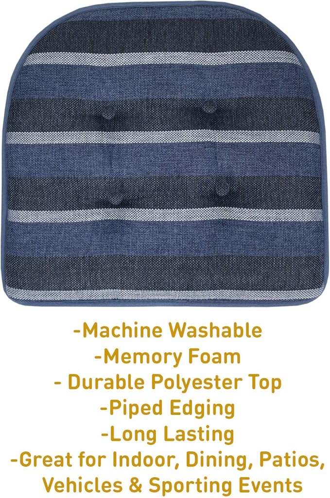 Sweet Home Collection Chair Cushion Memory Foam Pads Tufted Slip Non Skid Rubber Back U-Shaped 17" x 16" Seat Cover, 6 Count, Bradford Steel Blue (Pack of 2, 12 Count Total)