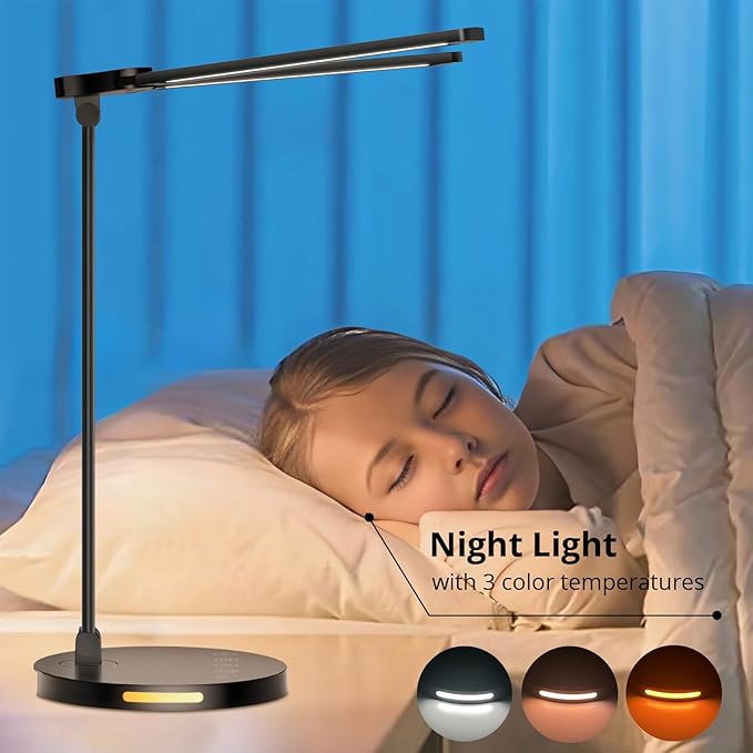 Semlos Led Desk Lamp with Adjustable Brightness and 5 Color Temperature, Dimmable Desk Light, Type-C Interface, Timer, 12W Table Lamp for Home and Office, Black, Adapter Included