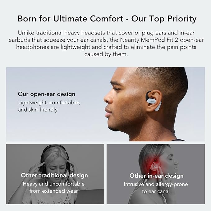 MemPod Fit 2 Open Ear Bluetooth Headphones, Wireless Earbuds with Deep Bass, Up to 45H Playtime with Charging Case, Ultra Comfort, Dual Connection, Air Conduction, for Phone/Mac, White