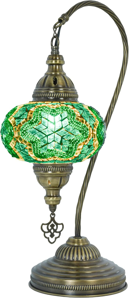 mozaist Turkish Mosaic Swan Neck Table Lamp, Moroccan Tiffany Style Turquoise Handmade Stained Glass Bedside Nightstand, Home Decor Gooseneck Boho Light with E12 Socket & US Plug (Emerald Teal)