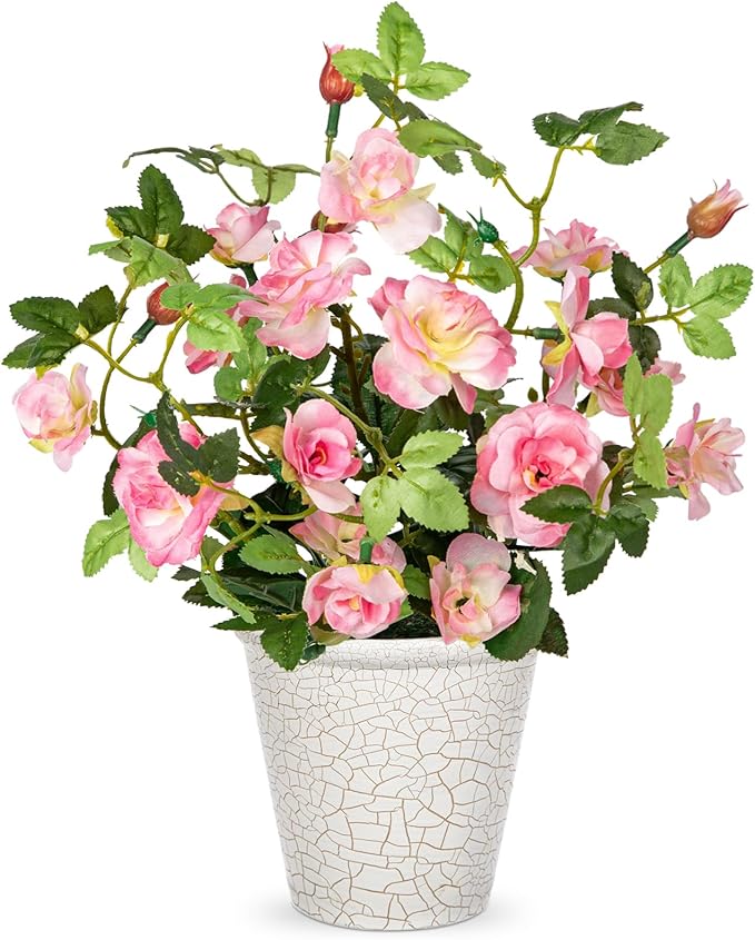 Hollyone Artificial Plants & Flowers in Vase Pink Camellia Roses Small Faux Flower Plant Arrangement with Pot Fake Rose Flowers Home Decor Office Bathroom Shelf Desk Table Decoration