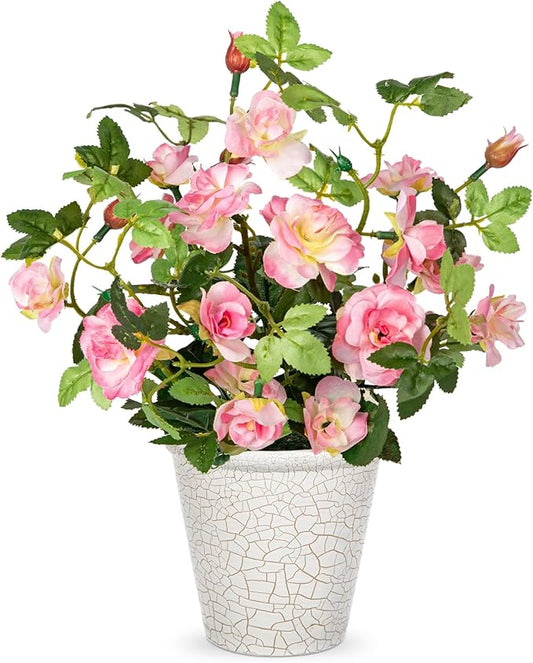 Hollyone Artificial Plants & Flowers in Vase Pink Camellia Roses Small Faux Flower Plant Arrangement with Pot Fake Rose Flowers Home Decor Office Bathroom Shelf Desk Table Decoration