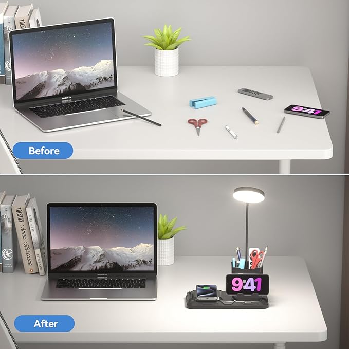 KDD 4 in 1 Desk Lamp with Wireless Charger - 360° Rotating Gooseneck Small Table Lamp with Pen Holder & Phone Stand, Adjustable White and Warm Light Dual Mode LED Desk Light for College Dorm Room