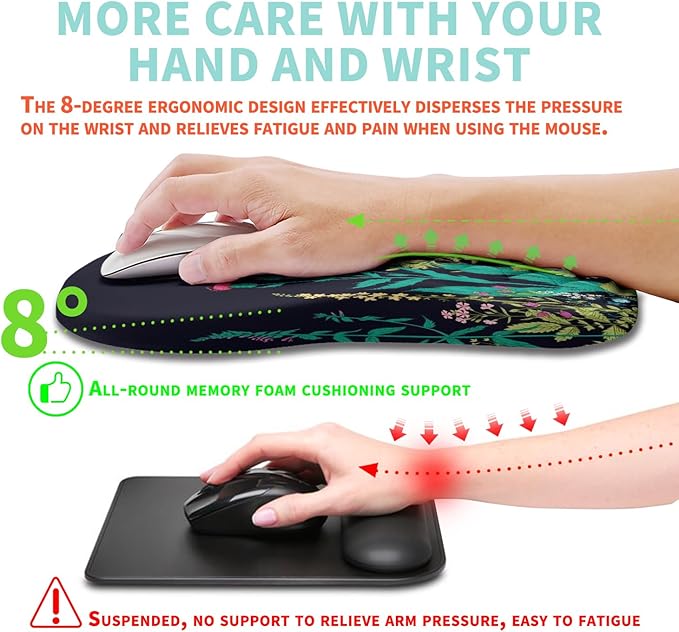 Ergonomic Mouse Pad Wrist Support with Memory Foam Massage Bulge, Carpal Tunnel Pain Relief Mousepad Wrist Rest for Mouse(12x8 inch, Midnight Floral)