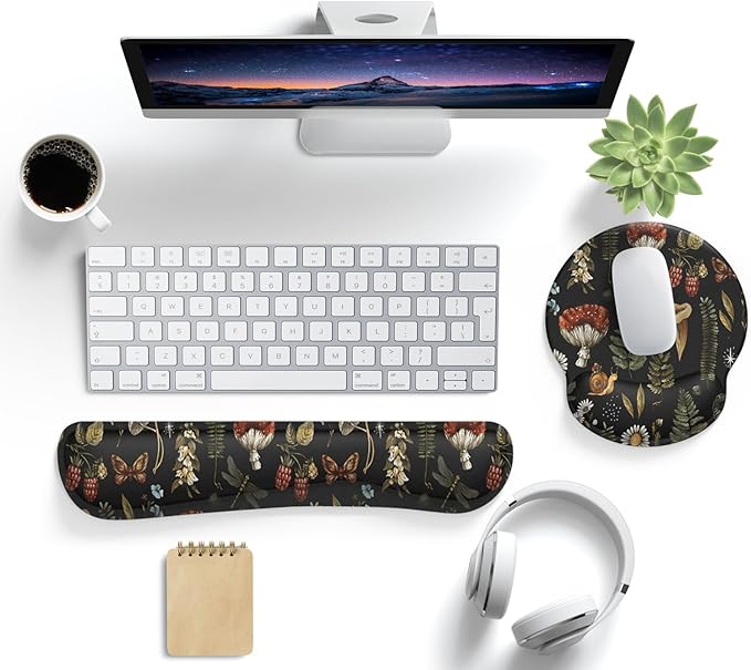 Plant Mushroom Mouse Pad Black Aesthetic Ergonomic Desk Pad Wrist Support Keyboard Wrist Rest Set, Mouse Pad with Non-Slip Pu for Office Comfortable Mouse Wrist Rest for Easy Typing & Pain Relief.