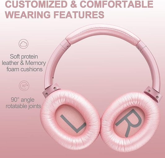 ZIHNIC Active Noise Cancelling Headphones, 40H Playtime Wireless Bluetooth Headset with Deep Bass Hi-Fi Stereo Sound,Comfortable Earpads for Travel/Home/Office (Rose Gold)