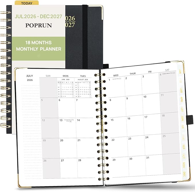 POPRUN Monthly Planner 2026-2027 Spiral Hardcover (6.25'' x 8.5''), 18 Months Calendar (Jan.2026-Jun.2027) - 2 Pages per Month with Dotted Note Pages, Sunday Start, Laminated Tab - Black
