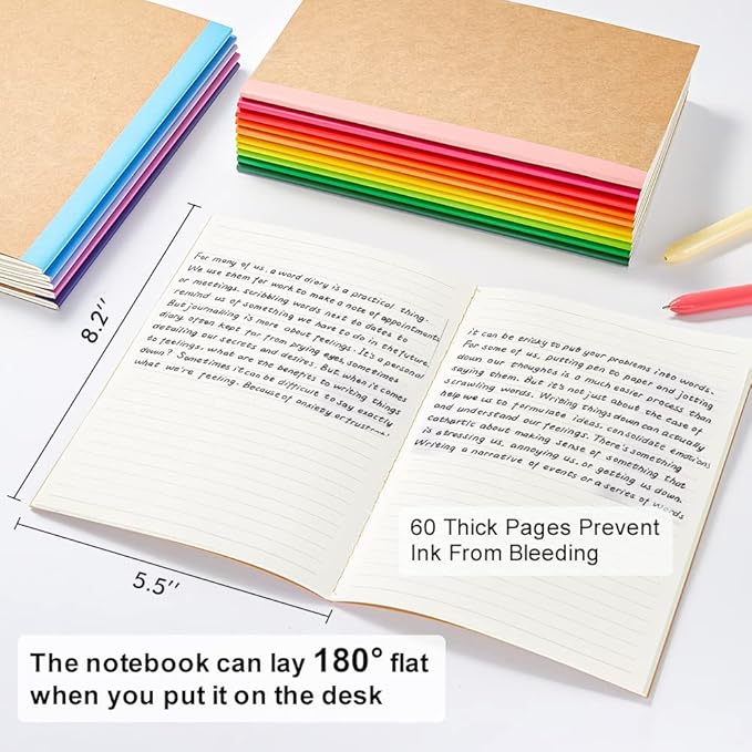 feela 16 Pack Composition Notebooks Bulk, Kraft Cover Lined Blank College Ruled Composition Travel Journals with Rainbow Spines For Women Students Business, 60 Pages, 8.3”x 5.5”, A5, 16 Colors