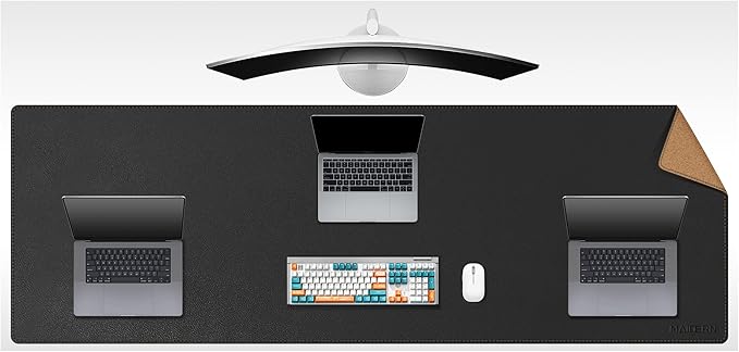 MAIDERN 70.8”x 23.6” Leather Desk Mat, Large Desk Pad, Reversible Cork & Leather Large Mouse pad for Desk, Waterproof Computer Desk Mat for Gaming Home Office (Black) …