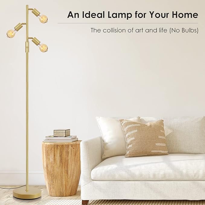 BoostArea Tree Floor Lamp, Brass Gold Industrial Floor Lamp, Modern Standing Lamp with Adjustable 3 Light, E26 Socket, Rotary Switch, Boho Stand Up Lamp Pole Lamps for Living Room, Bedroom (No Bulbs)