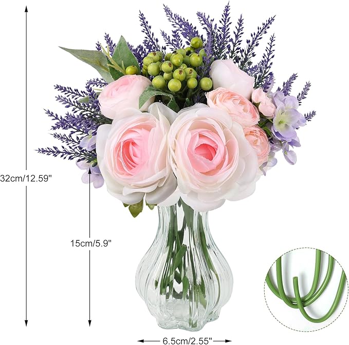 Faux Flowers in Vase for Table Decor, Fake Roses Lavender Plant Artificial Flowers in Vase, Silk Flower Bouquet Floral Arrangements for Home Decor Indoor Office Kitchen Coffee Table Centerpiece, Pink