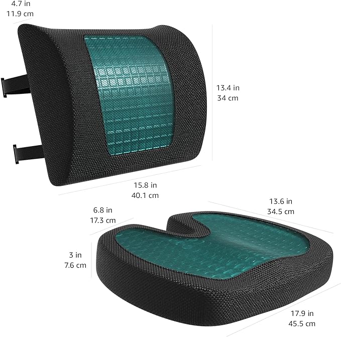 Amazon Basics Comfortable Seat Cushion & Lumbar Support for Office Chairs, Gel Enhanced Memory Foam, Pack of 2, Rectangular, Black