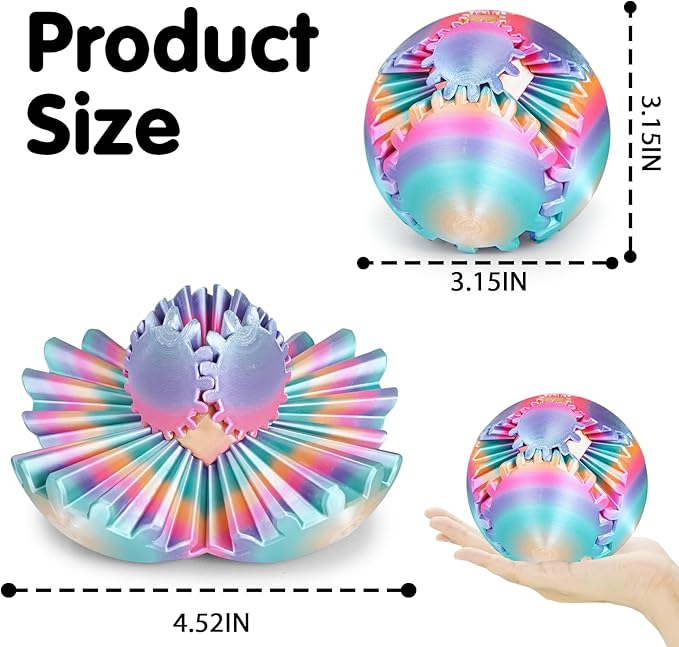 GearSphere 3D Printed Spin Ball or Cube Fidget Toy, Fidget Ball Gear Toy for Stress and Anxiety Relief, Desk Toy for Adults & Kids (Rainbow, 3.1 Inch)
