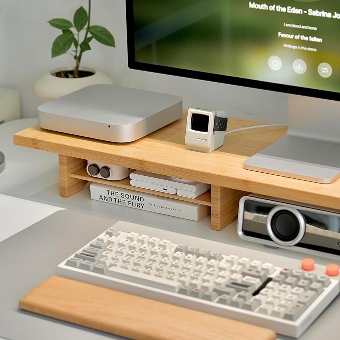 Bamboo Dual Monitor Stand Riser Natural, 2-Tier Desk Monitor Riser for 2 Monitors, Supports for PC Computer Monitor, Printer, Heavy TV Riser up to 300 lbs