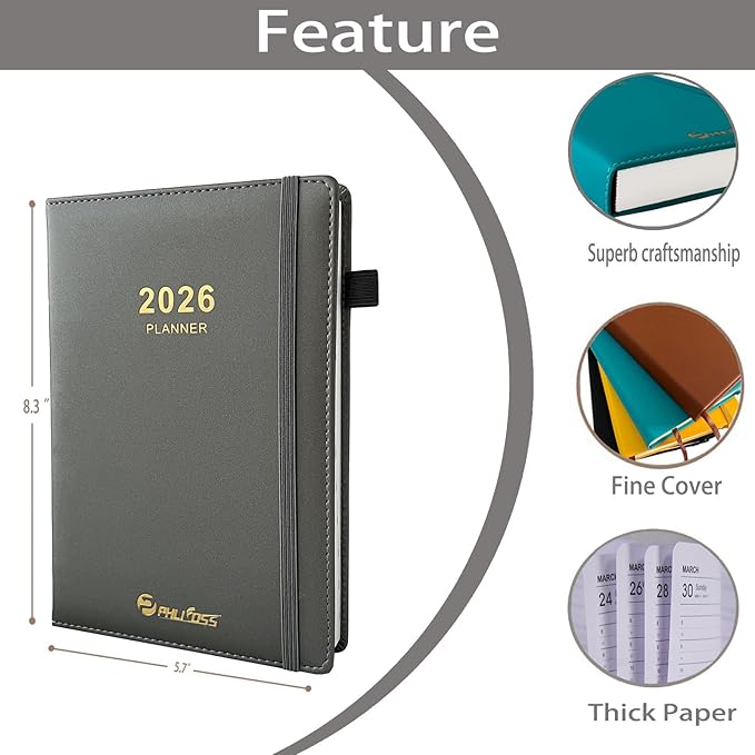 Daily Planner 2026 / Appointment Book, One Page Per Day, Jan - Dec 2026, Annual Daily Monthly Calendar Planner with Hourly Schedule and Monthly Tabs, 5.7" x 8.3" Agenda (Dark Gray)