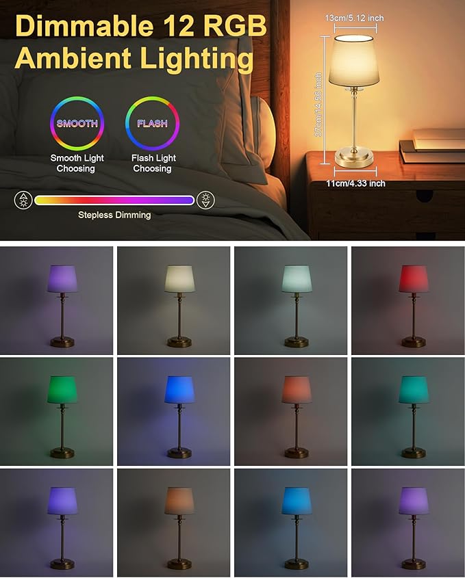 Egobasic Cordless Rechargeable Table Lamp with Remote, Small Portable Battery Operated Lamp with Timer, 12 RGB Lighting Dim, Restaurant Dining Bed Side Table Night Lights, Fabric Shade, Antique Brass