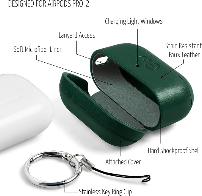 Dreem Om Case Cover with Keychain Clip Compatible with AirPods Pro 2/Pro, Protective One-Piece Hard Shell, Luxury Vegan Leather AirPod Pro Case 2nd/1st Generation with Separate Clip [Green]