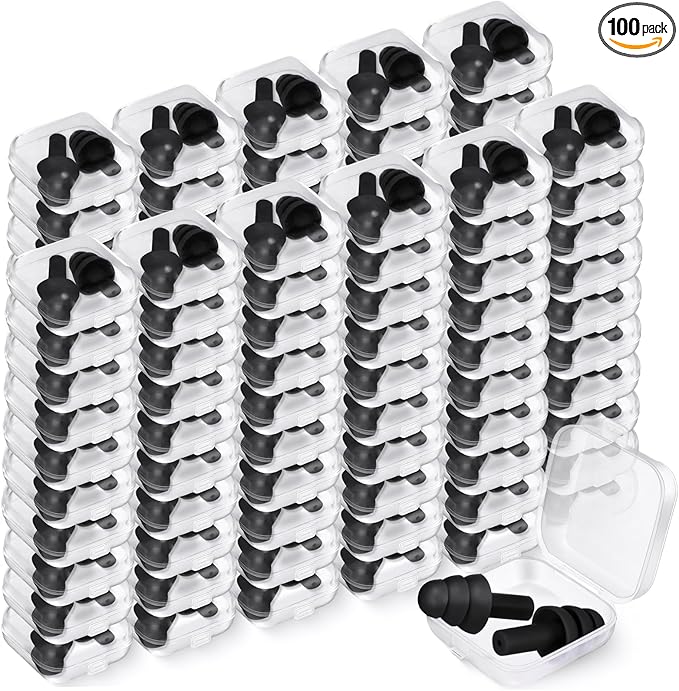 TrelaCo 100 Pairs Ear Plugs Bulk, NRR 29dB Reusable Silicone Ear Plugs with Plastic Cases Soft Foam for Sleeping Noise Cancelling for Concerts Shooting Swimming Noise Reduction(Black)