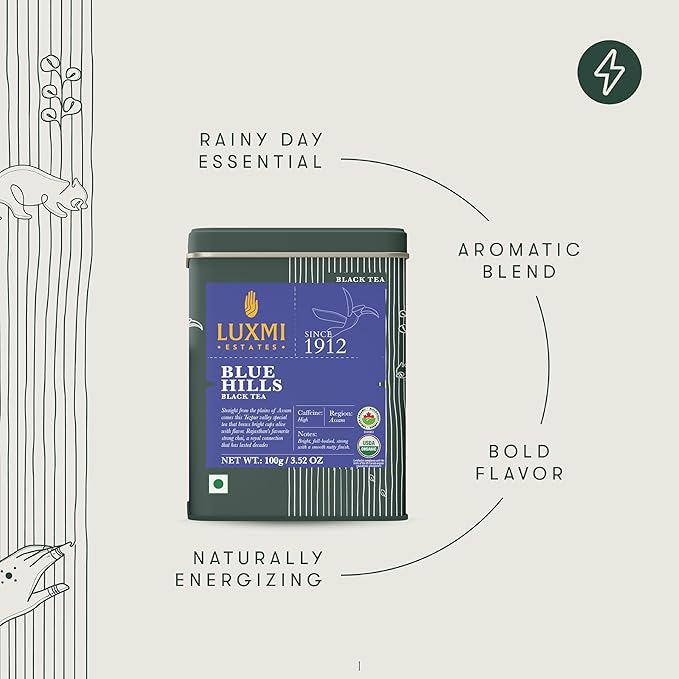 Luxmi Estates - Blue Hills - Organic CTC Assam Black Tea - Loose Leaf - 100g (50 Cups) | Jodhpur Blend - Rajasthan's Favorite Chai | Strong Cup of Original Indian Chai Tea - No Spices