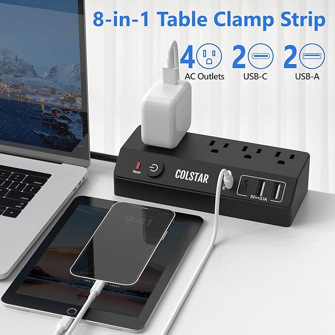 Desk Clamp Power Strip with PD 20W Fast Charging, Flat Plug Extension Cord 10 FT, Desk Mount Power Strip Surge Protector with 4 AC Outlet 4 USB Ports, Fit 1.8" Tabletop Edge (Black)