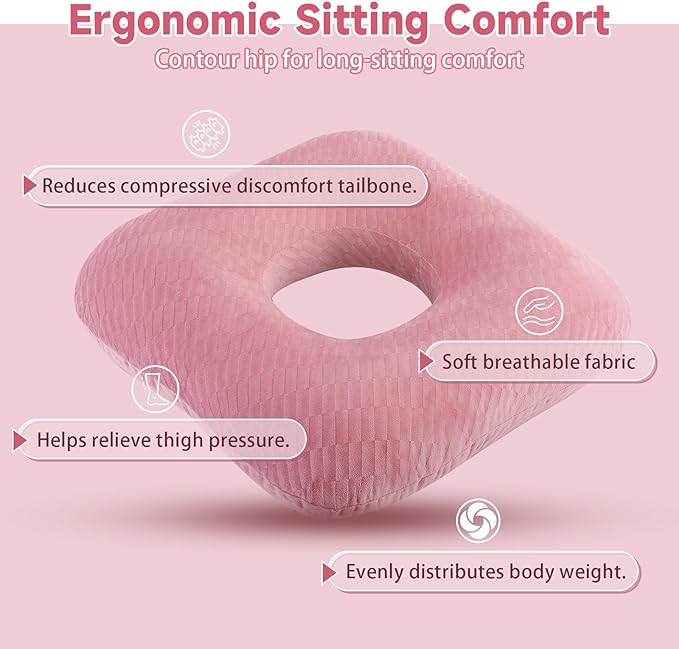 Anti-Slip Wheelchair Cushions, Bed Sore Cushions for Butt, Ergonomic Innovations Orthopedic Donut Pillow, Medical Seat Cushion for Sciatica, Back, Coccyx, Pressure Sore (Pink)