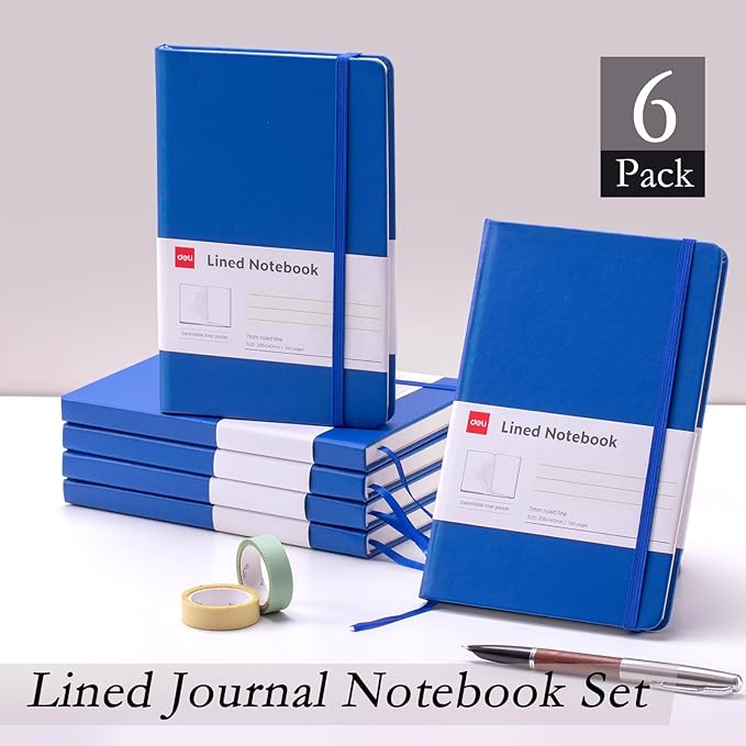 deli 6-Pack Blue Lined Journal Notebook, 160 Pages Hardcover Writing Notebook, A5 (5.5"x8.2") College Ruled Notebook for Office, School, Work Notes