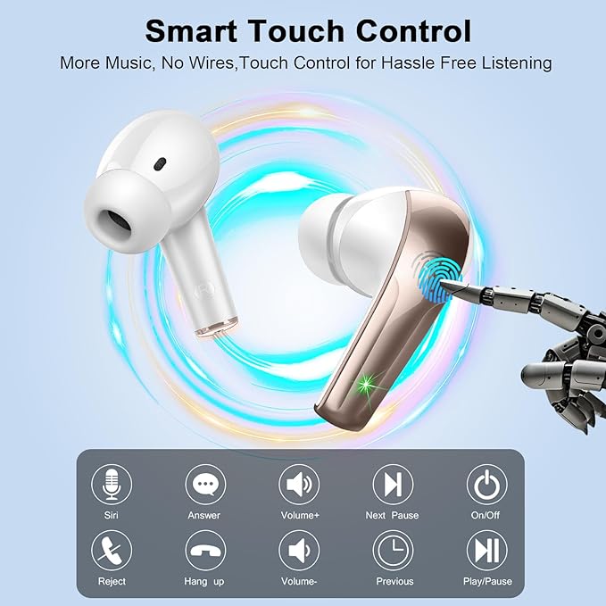 Wireless Earbuds, Bluetooth 5.4 Headphones in Ear, Mini Bluetooth Earbuds HiFi Stereo Deep Bass with 4 ENC Noise Cancelling Mic, Wireless Ear Buds 47H Long Playtime LED IP7 Waterproof USB-C(White)