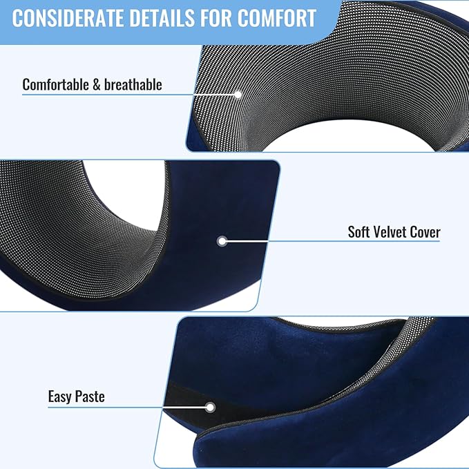 Badink® Memory Foam Neck Travel Pillow, Neck Pillow Airplane with MagicStrap – Adjustable Ergonomic Travel Pillow for Office/Airplane/Car, Washable Cover, Portable Cervical Support (darkblue)