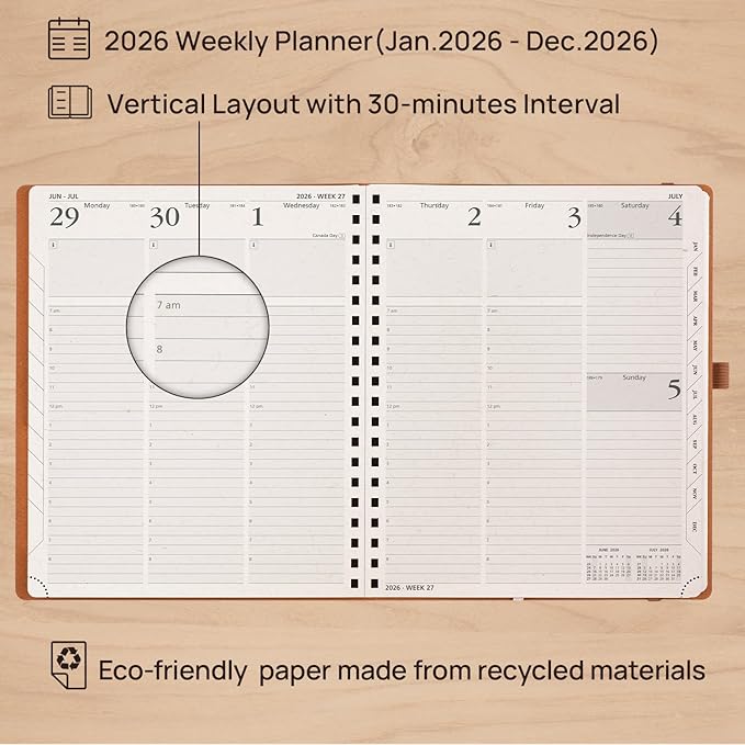 POPRUN 2026 Planner - 2026 Recycled Weekly Planner [Italian Regenrated Leather - Medium Size 8.5'' x 10.5''] - 2026 Weekly Planner with Hourly Schedule, Monthly Tabs,TJ-26-WERK7-DST - Desert Brown