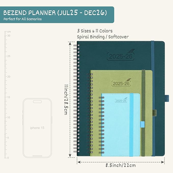 BEZEND Planner 2025-2026 Weekly and Monthly, 8.5" x 11" Academic Calendar (Jul 25-Dec 26) Vertical Daily Appointment with Hourly Timeslot & Monthly Tab, Spiral, PU Leather Softcover - Kiwi