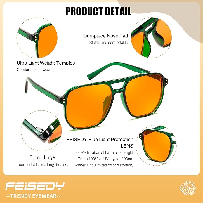 FEISEDY Amber Blue Light Glasses for Computer Gaming Anti Eyestrain Sleep Glasses G2835