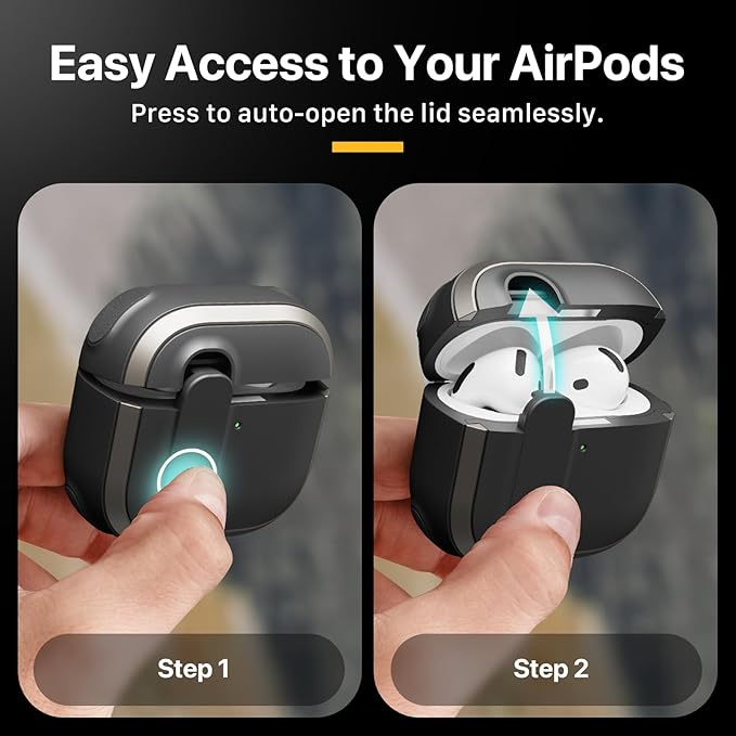 MAGEASY Design for AirPods 4 Case Cover - Rugged AirPods 4 Case with Lock | Work with Cable & Wireless Charging (Only ANC Charge Wirelessly) | Include Carabiner - Odyssey, Metal Green