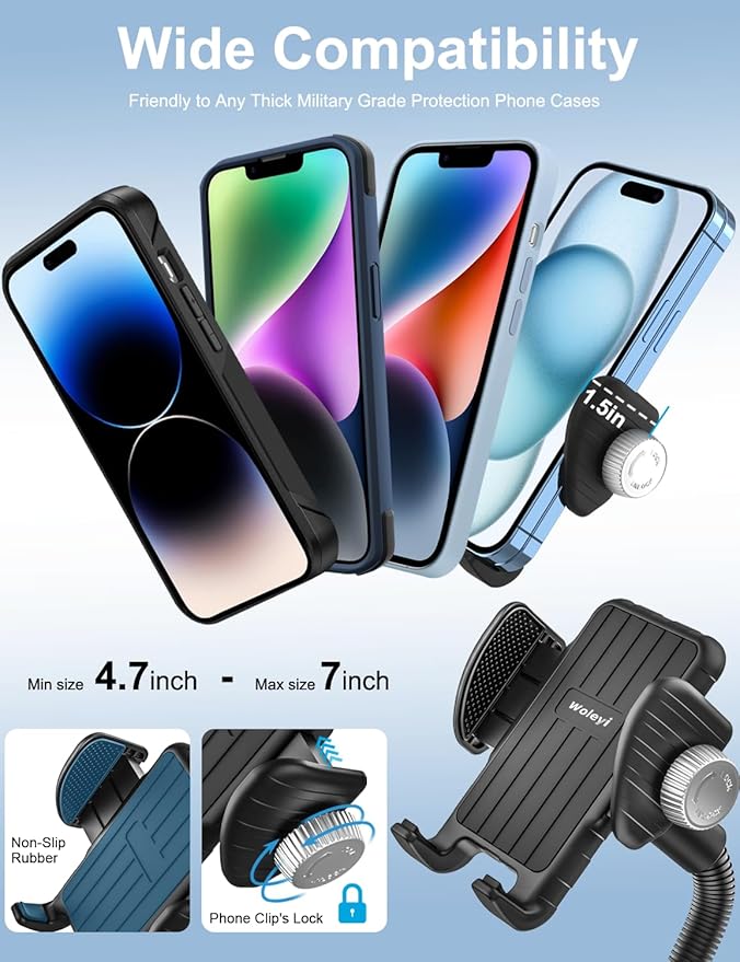 woleyi Gooseneck Phone Mount for Treadmill, Spin Bike Phone Holder Handlebar Clamp for Exercise Bike Peloton, Stationary Indoor Cycling, Stroller, for iPhone 16 Pro Max/15/14/13/12/11, 4-7" Smartphone