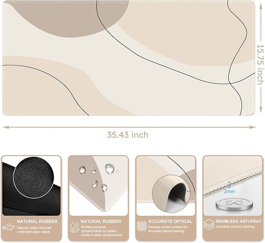 iCasso Extended Gaming Mouse Pad (35.4x15.7 in), Large Stable Rubber Base Mousepad with Stitched Edges, Keyboard Mouse Mat Desk Pad for Work, Game, Office, Home-Brown Art Modern